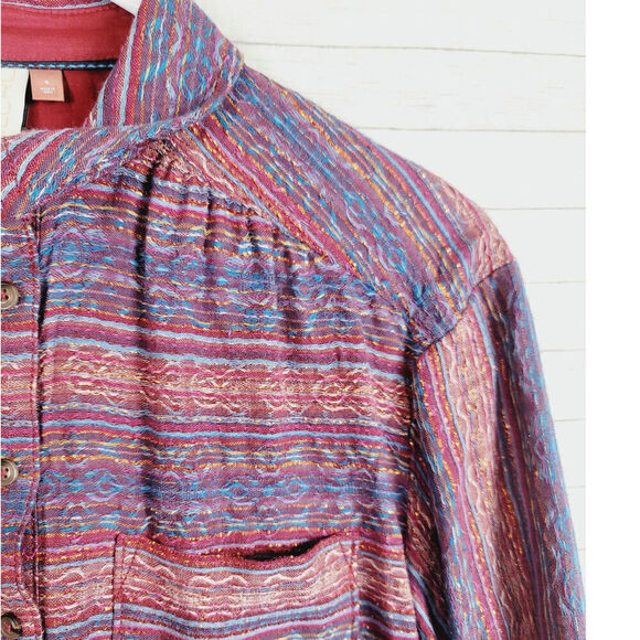 Pilcro Metallic Striped Oversized Buttondown Blouse in Plum, sz Small - Picture 3 of 15